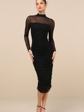 NWT Lulu's Impressive Flirt Mesh Ruched Mock Neck Black Midi Dress Large L